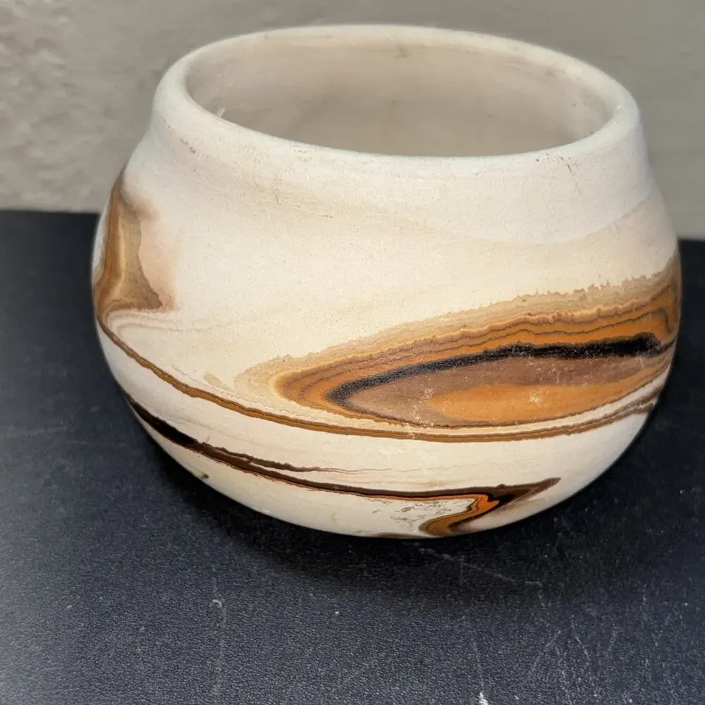 Nemadji Pottery Vintage Bowl / Planter , Orange & Brown Swirl Pattern